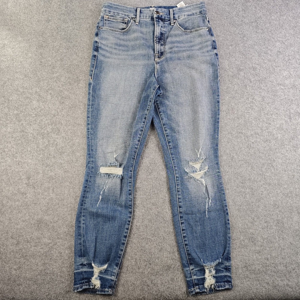 Good American Jeans Women's 10/30 Blue Distressed Raw Hem Skinny Crop High Rise